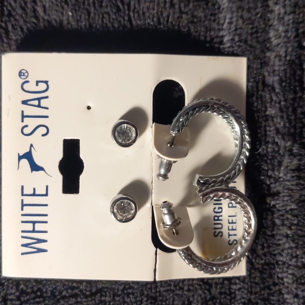 White Stag Set Of Two Silver Tone Pierced  Earrings